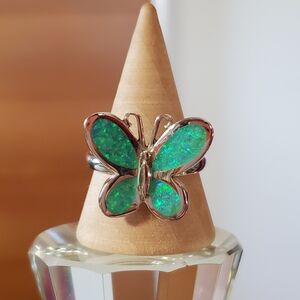 Butterfly Size 8 NEW Ring Sterling Silver 925 Green Opal Inlay October Stacking